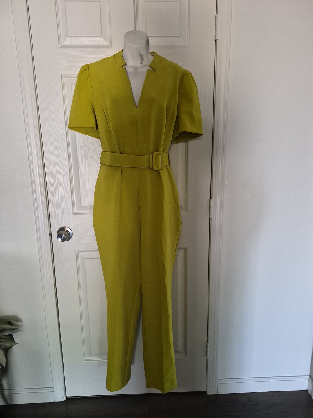 Eva Mendez Chartreuse Belted V-Neck Jumpsuit